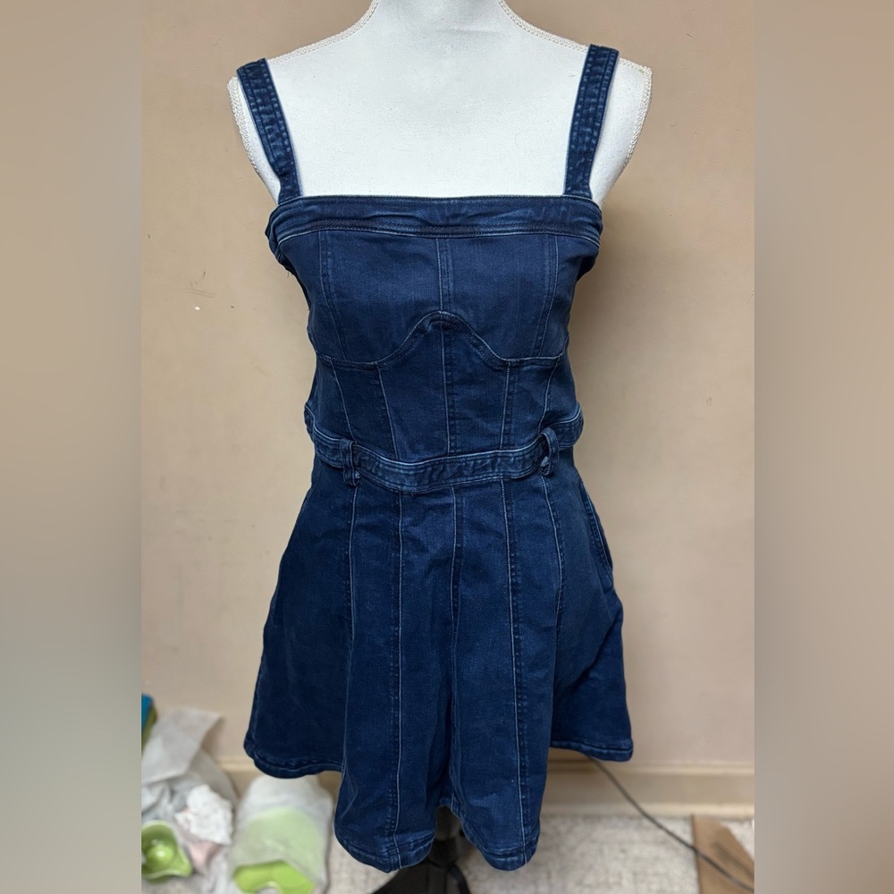 Free People Dark Blue Denim Fit & Flare Mini Dress, L